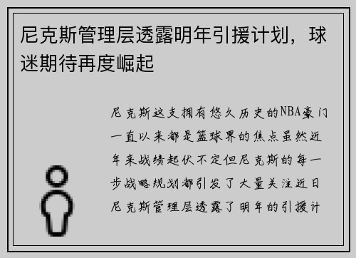 尼克斯管理层透露明年引援计划，球迷期待再度崛起